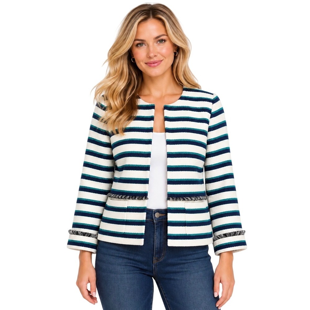 Talbots Striped Tweed Fringe Trim Jacket Size 8 Blue Green White Open Front